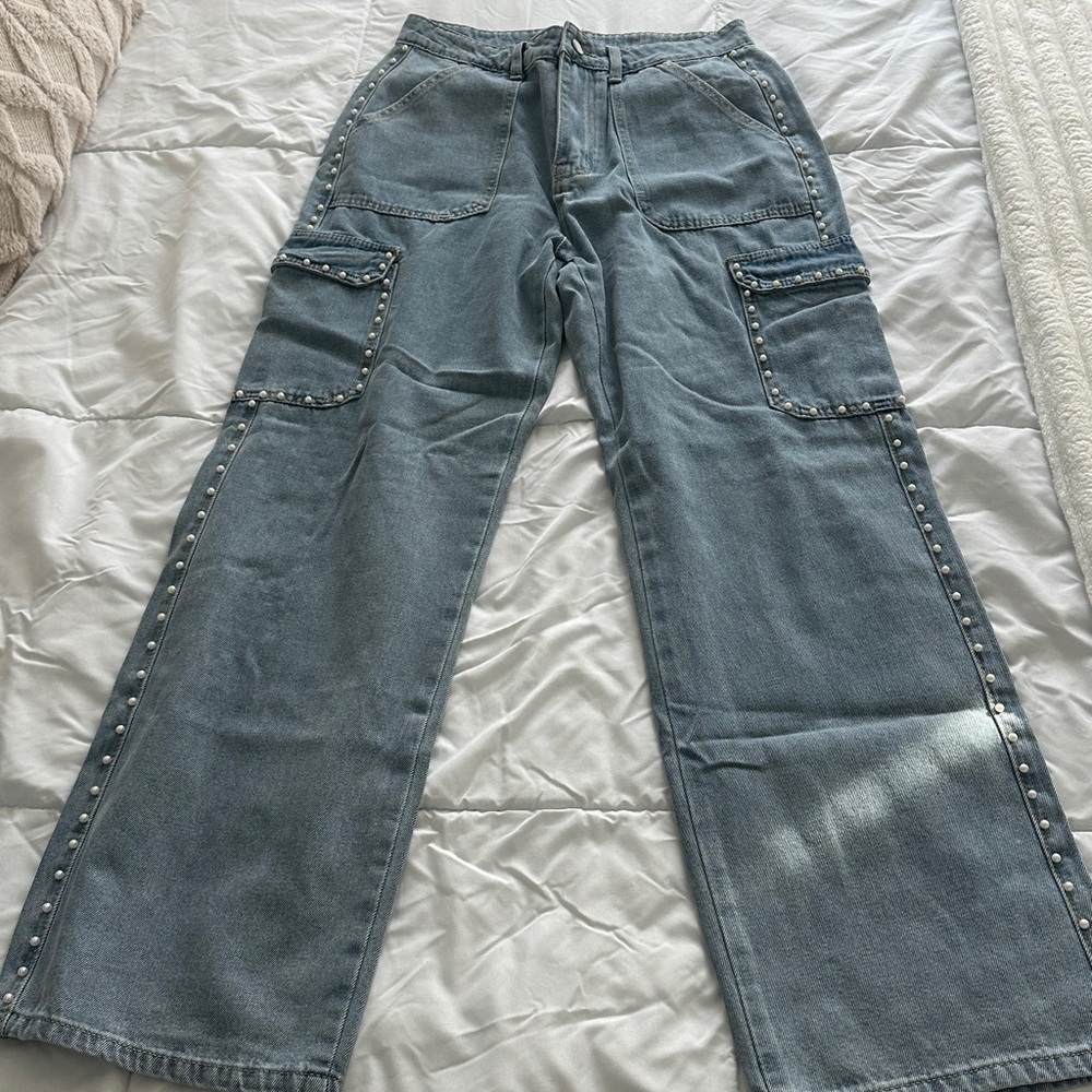 SHEIN Blue Studded wide leg cargo Jeans